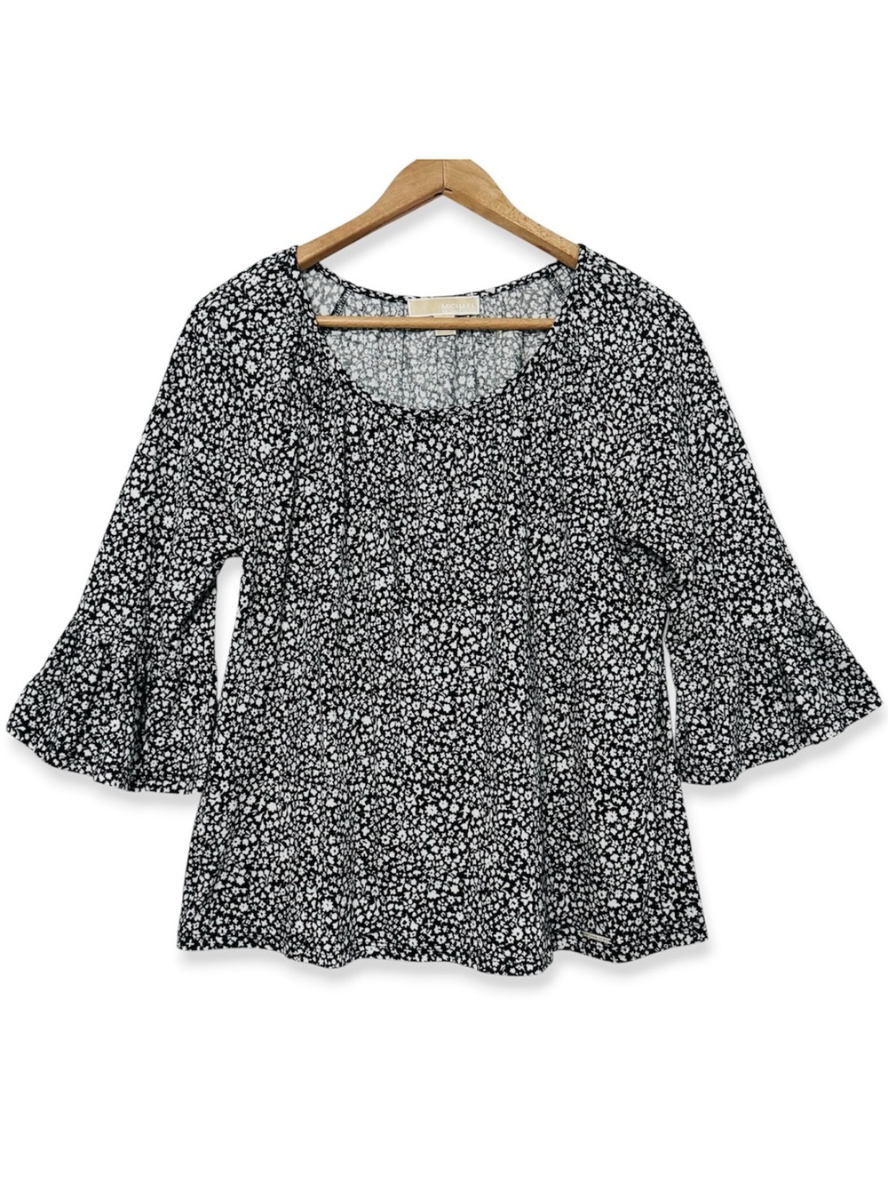 Michael Kors Floral Bell Sleeve Top Cotton Modal Black White